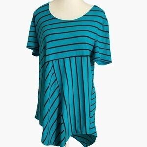 Slinky‎ Brand Green and Black Striped Short Sleeve Top with Asymmetrical Hemline